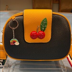 Cherry Embellished Yellow and Black Crossbody Bag
